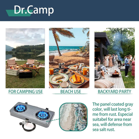 35000 BTU Two Burner Propane Gas Stove Cooktop For Outdoor Camping shown in various outdoor settings including camping, beach, and party.