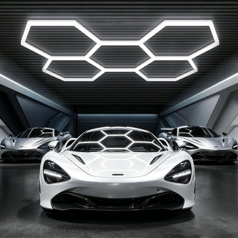 Hexagon LED Garage Light 168W 5 Grid Kit With 18480LM Ultra Bright 6500K Daylight Output installed above luxury cars in a garage.