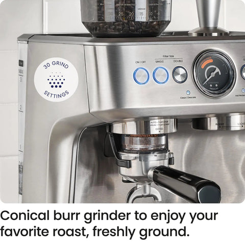 Next Level No Sweat Home Espresso Machine Built Around Conical Burr Grinder, 30 grind settings and durable stainless steel frame.