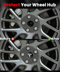 Dope 2.2 Inch Wheel Center Cap Set With Logo Emblem And Valve Stem Caps For Tesla Model 3 And Model Y 18 Inch And 19 Inch Wheels ABS Rim Covers Black And Silver Finish Hub Caps before and after installation