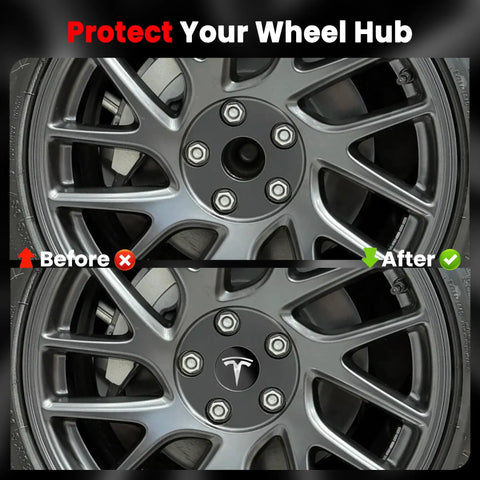 Dope 2.2 Inch Wheel Center Cap Set With Logo Emblem And Valve Stem Caps For Tesla Model 3 And Model Y 18 Inch And 19 Inch Wheels ABS Rim Covers Black And Silver Finish Hub Caps before and after installation
