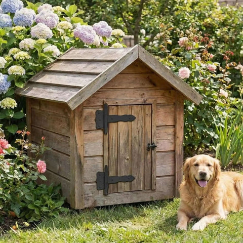 Wooden dog house with 4 Pack 5 Inch Antique Cast Iron T Hinges With Hardware, Vintage Black Powder Coated Wrought Iron Door Hinges
