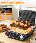 Taylor Swoden 7-In-1 Panini Press Sandwich Maker Electric Indoor Grill Waffle Iron Contact Grill Nonstick Plate showing 1500W heating feature.