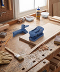 Boss Level Woodworking Edge Trimmer Kit With Twin Handles for flush cuts, shown on workbench with wood pieces and tools.