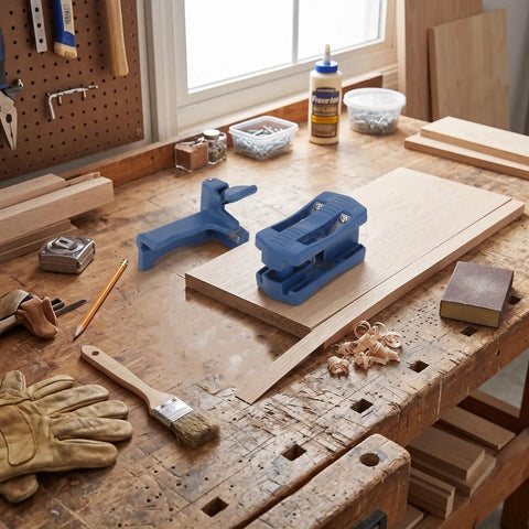 Boss Level Woodworking Edge Trimmer Kit With Twin Handles for flush cuts, shown on workbench with wood pieces and tools.