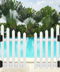2 Pack Weatherproof Gate Hinges With Safe Spring Mechanism on white picket gate by pool