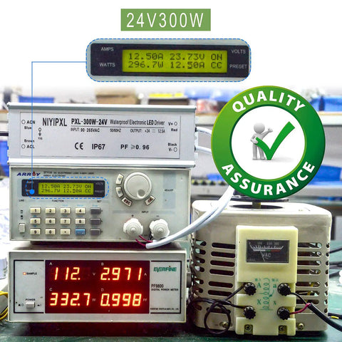 Testing equipment displaying Go-To 300W LED Driver 24V DC Power Supply IP67 Waterproof LED Transformer with Quality Assurance seal.