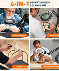 Helping Hands Soldering Station With Silicone Mat, 30x And 10x LED Magnifying Glass, 4 PCB Arms, in use for electronics and crafts