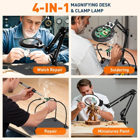 Helping Hands Soldering Station With Silicone Mat, 30x And 10x LED Magnifying Glass, 4 PCB Arms, in use for electronics and crafts