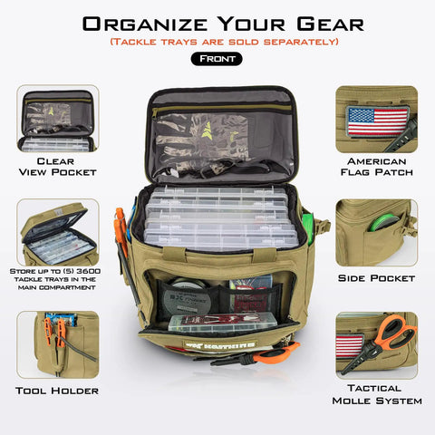 Front view of Medium Water Resistant Tackle Bag For Saltwater Or Freshwater Fishing Gear Storage Holds Up To Six 3600 Lure Boxes