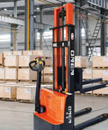 Electric Walkie Pallet Stacker Boasting Badass Strength With A No Sweat 3300 Lbs Load Rating Plus A Slick Nine Foot Lift and Roomy Forks for warehouse use.