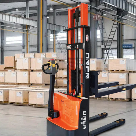 Electric Walkie Pallet Stacker Boasting Badass Strength With A No Sweat 3300 Lbs Load Rating Plus A Slick Nine Foot Lift and Roomy Forks for warehouse use.
