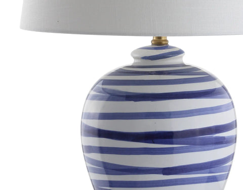 Blue and white striped ceramic lamp base with white linen shade, part of Blue And White Ceramic Table Lamp 29 Inch Tall With White Linen Shade For Living Room Bedroom Or Office Coastal Vibe Modern Nightstand Lamp With Energy Saving LED Bulb Included.