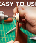 Close-up of hand using 12 Piece Leather Edge Burnishing Bits For Rotary Tools, showing easy leather polishing process.
