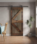 36-Inyʂch By 84-Inch K Series Multi Color Knotty Pine Sliding Barn Door With Hardware Kit Smoky Gray Kona Coffee Finish Hand Made In USA Unassembled Panels With Pre Drilled Holes For Quick Assembly And A Quiet Smooth Track installed in dining room