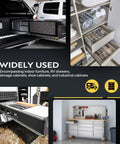 Sturdy Heavy Duty Drawer Slides 48 Inch With Lock, 500 Lbs Capacity, Industrial Ball Bearing Rails shown in various uses.