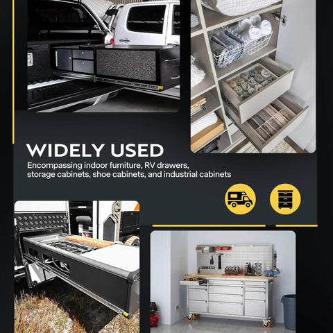 Sturdy Heavy Duty Drawer Slides 48 Inch With Lock, 500 Lbs Capacity, Industrial Ball Bearing Rails shown in various uses.