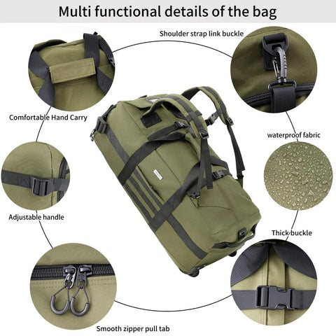 80L green rolling duffel bag with wheels and adjustable handle, Amazon