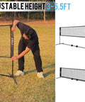 Person adjusting a 10 Ft Portable Badminton And Pickleball Net With Grab And Go Carry Bag for indoor and outdoor use, height adjustable up to 5.5 feet.