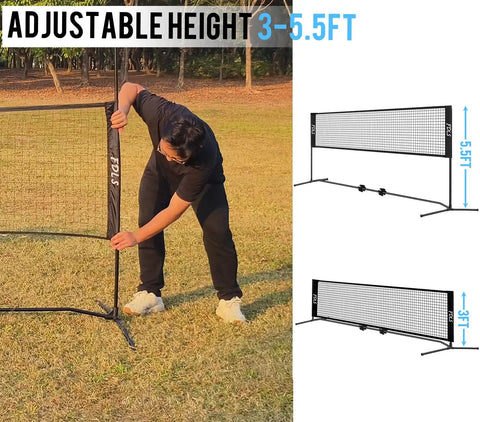 Person adjusting a 10 Ft Portable Badminton And Pickleball Net With Grab And Go Carry Bag for indoor and outdoor use, height adjustable up to 5.5 feet.
