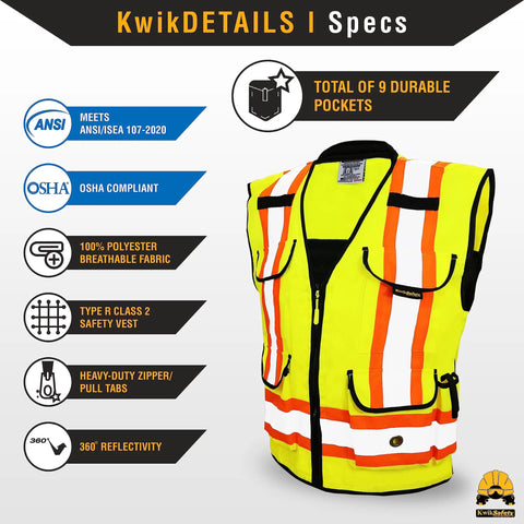 High Visibility Safety Vest With Cushioned Collar And Reflective Trim Class 2 ANSI OSHA 9 Pockets For Tools And Tablets