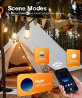 48 Feet LED Outdoor String Lights With App And Remote Control Dimmable Waterproof Patio Lighting in campsite with phone app display