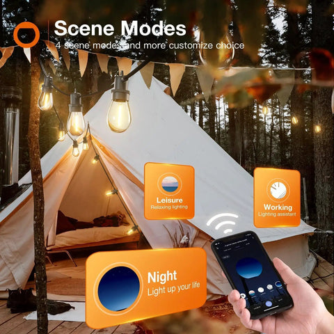 48 Feet LED Outdoor String Lights With App And Remote Control Dimmable Waterproof Patio Lighting in campsite with phone app display