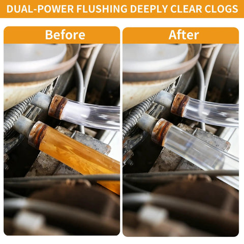 Before and after using Lever Action Coolant Flush Gun Kit For Automotive Cooling System And Heater Core Cleaning With 2 Transparent Garden Hoses