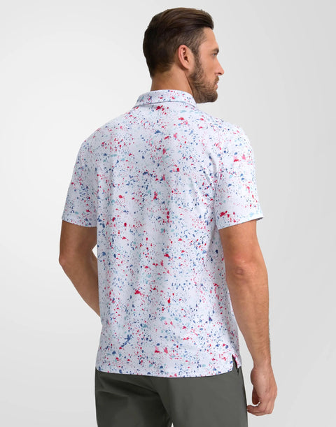 Back view of Men's Golf Polo Shirt Short Sleeve Dry Fit Performance Moisture Wicking Collared Polo With Stretch Fabric For Men White Dots Print XL
