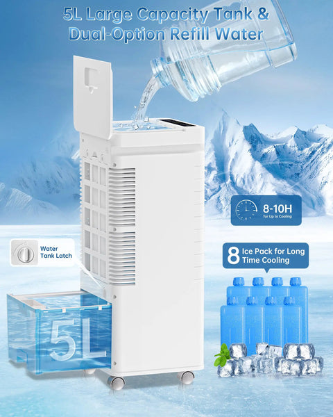 Side view of Portable Evaporative Air Cooler With Remote Control, Windowless Cooling Unit, showing 5L tank and ice pack feature