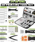 34-in-1 3D printing tool kit in a gray zippered case with nozzle cleaners, wrenches, brushes, brass nozzles, files, and spatula