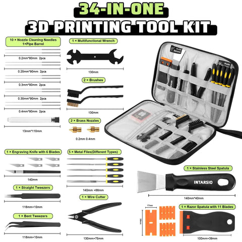 34-in-1 3D printing tool kit in a gray zippered case with nozzle cleaners, wrenches, brushes, brass nozzles, files, and spatula