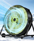 Heavy Duty High Velocity Drum Fan Pumping Out Serious Chill For Garage Shop Warehouse And Patio With Badass 8800 CFM Airflow And Three Speed Settings on snowy surface.