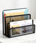Three Compartment Metal Mesh Mail Organizer with letters and folders on a desk