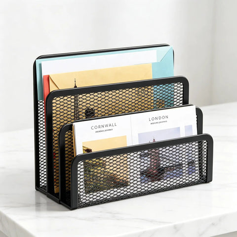 Three Compartment Metal Mesh Mail Organizer with letters and folders on a desk