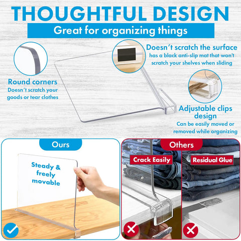 Clear Acrylic Shelf Dividers For Closet Organization, No Fuss 8 Pack Shelf Dividers with adjustable clips and round corners.