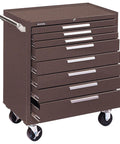 Thirty Four Inch Eight Drawer Rolling Tool Cabinet Featuring Rock Solid Ball Bearing Slides Beefy Powder Coated Steel Build And Lockable Drawers Pro Shop Storage In Brown with drawer handles.
