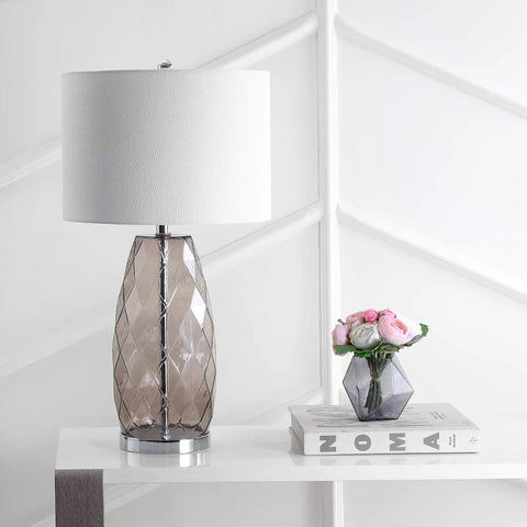 Smoked Gray Glass Table Lamp With Modern Faceted Design, White Linen Drum Shade, Chrome Base, 26.5 Inch Tall, LED Bulb Included, Perfect Bedroom Nightstand Or Living Room Accent Light