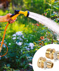 Garden Hose Repair Connector Kit With Clamps For Three Quarter Or Five Eighth Inch Aluminum Hoses Includes Four Sets Of Male And Female Fittings And Washers Durable Aluminum Connectors With Stainless Steel Clamps shown in use with hose and spray nozzle.