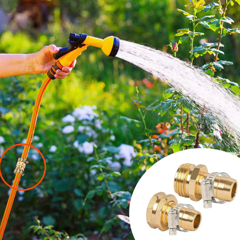 Garden Hose Repair Connector Kit With Clamps For Three Quarter Or Five Eighth Inch Aluminum Hoses Includes Four Sets Of Male And Female Fittings And Washers Durable Aluminum Connectors With Stainless Steel Clamps shown in use with hose and spray nozzle.