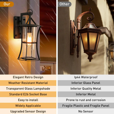 Comparison of Dusk To Dawn Matte Black Outdoor Wall Light With Seed Glass and another outdated wall light fixture.