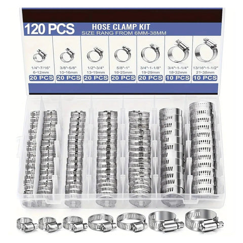 Ditch the drip and grab this Sick Worm Gear Hose Clamp Kit With 40 Or 120 Pieces Across 5 Sizes Perfect For Securing Water Gas Lines And Silicone Hoses On Any Joint With A Tight Screw Mechanism That Holds Firm. 120-piece stainless steel hose clamp kit, 6-38mm sizes, organized in storage case
