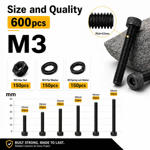 Heavy Duty M3 Hardware Stack Includes 600 Fully Threaded Hex Socket Head Caps Nuts And Washers Sized 25 To 50 Mm.