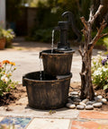 Rustic Two Tier Barrel Waterfall Fountain For Backyard Patio And Garden Bronze Finish 27 Inch Electric Water Feature With Pump Included
