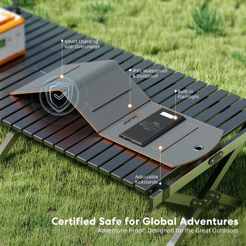 Go-To 10000mAh Solar Charger With 30W Foldable Panels on outdoor table, showing features like waterproof and built-in flashlight.