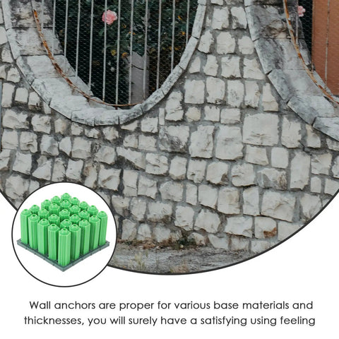 Green Plastic Drywall Anchor Kit With Self Tapping Screws shown on stone wall background