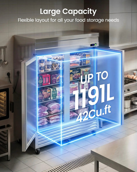 Commercial Reach In Freezer 42 Cubic Foot Upright with double doors and visible food items inside, ideal for kitchens.