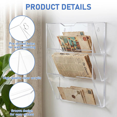 Durable Mail Sorter Organizer for office and school desk with easy to label slots, clear acrylic with pre-drilled holes for wall mounting.