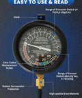 SIXIWANZI vacuum gauge automotive kit, front view showing brass hose connector and color-coded measurement scales