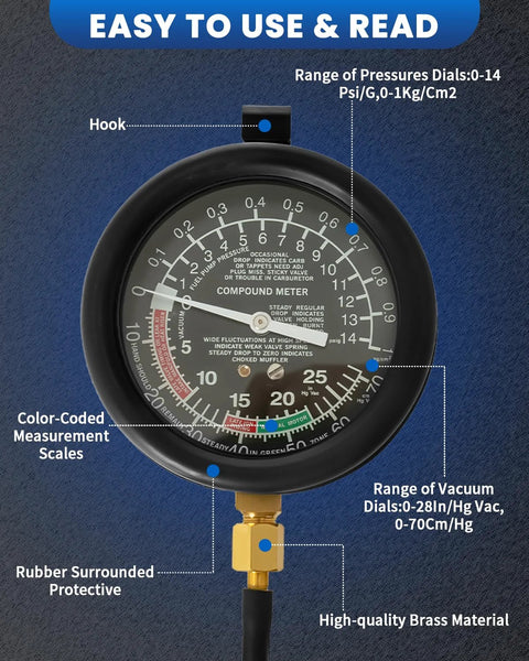 SIXIWANZI vacuum gauge automotive kit, front view showing brass hose connector and color-coded measurement scales